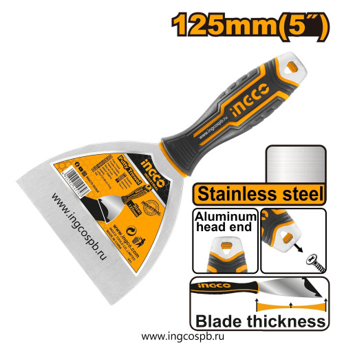 Шпатель из нержавеющей стали 125мм, рукоятка soft grip, ударный наконечник INGCO HPUT18125