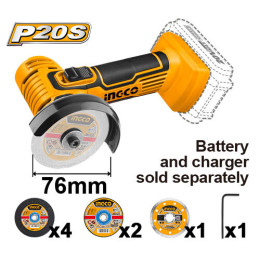 Аккумуляторная мини-угловая шлифмашина 20В 76мм без АКБ и ЗУ INGCO INDUSTRIAL CAGLI7601