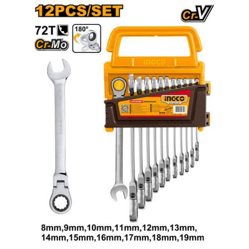 Набор комб. ключей с шарниром и трещоткой 8-19мм. 12 пред. INGCO HKSPAR1123 INDUSTRIAL
