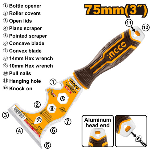 Шпатель-скребок многофункциональный 75 мм SUPER INGCO HPUT18060M INDUSTRIAL