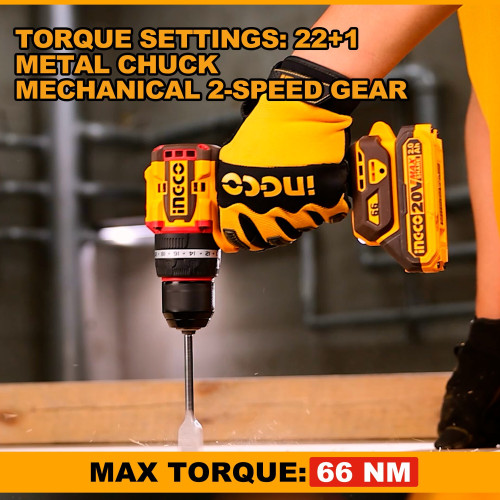 Аккумуляторный ударный шуруповерт 20B BL 66Hm 2хАКБ и ЗУ кейс INGCO CIDLI20668 INDUSTRIAL