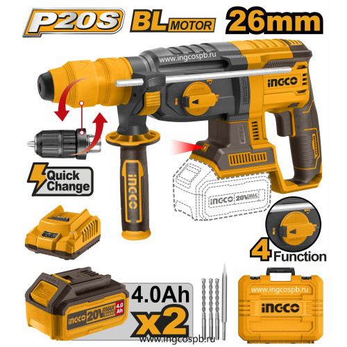 Аккумуляторный перфоратор BL 20В, 2,5Дж, 2хАКБ 4Ач и ЗУ SUPER INGCO CRHLI202289 INDUSTRIAL