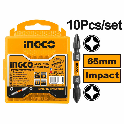 Набор ударных бит IMPACT 65 мм PH2+PH2 10 шт. INGCO SDBIM21PH233 INDUSTRIAL
