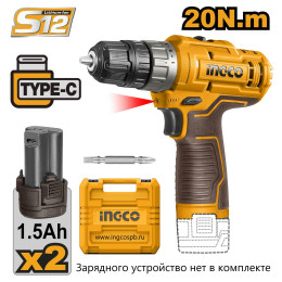 Аккумуляторная дрель-шуруповерт 12В 20Нм 15+1 USB type-C SUPER INGCO CDLI12202