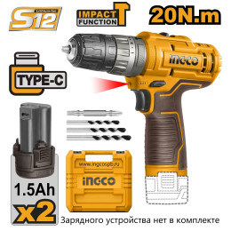 Аккумуляторная ударный шуруповерт 12B 20Нм 18+1+1, USB type-C SUPER INGCO CIDLI12202