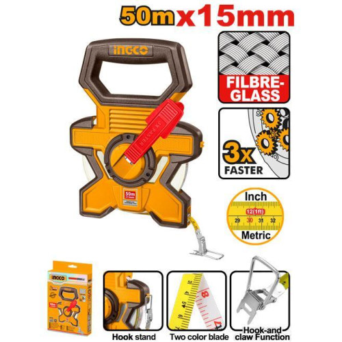 Геодезическая мерная лента, фиберглас 50х15мм INGCO HFMT1850 INDUSTRIAL