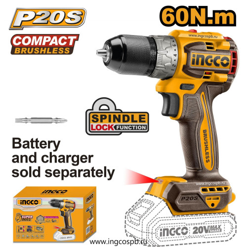 Аккумуляторный шуруповерт 20B BL 60Hm 22+1 без АКБ и ЗУ SUPER INGCO CDLI206021 INDUSTRIAL