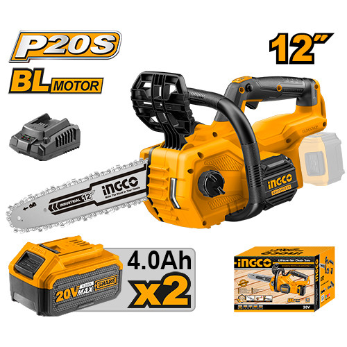 Бесщеточная аккумуляторная цепная пила 20В, 2 АКБ 4Ач, и ЗУ  INGCO CGSLI201286 INDUSTRIAL