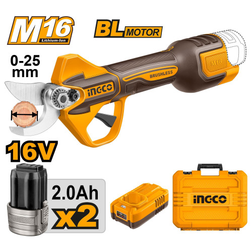 Аккумуляторный секатор 16B BL 2хАКБ 2Ач, и ЗУ INGCO CSSLI162582 INDUSTRIAL