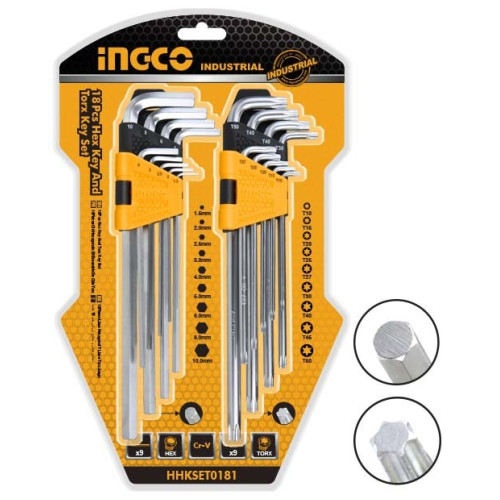 Набор шестигранных ключей 18 шт. HEX 1,5-10мм, TORX Т10-Т50 INGCO HHKSET0181 INDUSTRIAL