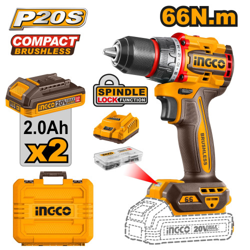 Аккумуляторный шуруповерт 66 Нм 20B, б/щ INGCO CDLI20668 INDUSTRIAL