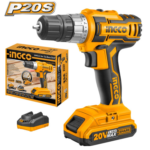 Аккумуляторный шуруповерт 20В 45Нм 15+1 INGCO CDLI20024