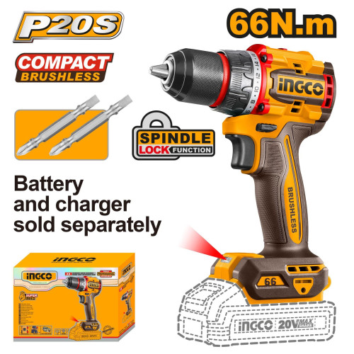 Аккумуляторный шуруповерт 20B BL 66Hm без АКБ и ЗУ SUPER INGCO CDLI206681 INDUSTRIAL