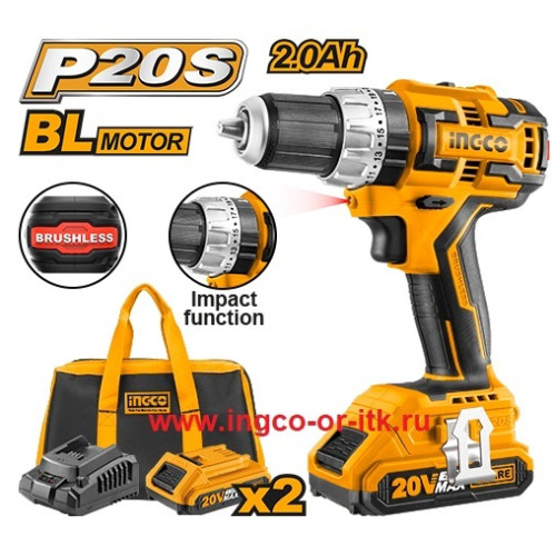Аккумуляторный бесщёточный ударный шуруповерт 20B Li-ion, 60Hm 23+1+1 INGCO CIDLI20608 INDUSTRIAL