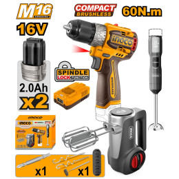 Набор аккумуляторного инструмента 16В BL 60Hm 2хАКБ 2Ач и ЗУ + блендер 100Вт + миксер 125Вт INGCO CKLI1638