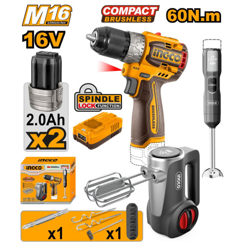 Набор аккумуляторного инструмента 16В BL 60Hm 2хАКБ 2Ач и ЗУ + блендер 100Вт + миксер 125Вт INGCO CKLI1638
