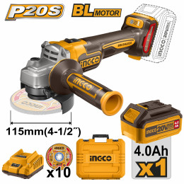 Аккумуляторная УШМ 20В, BL 115мм 1хАКБ 4Ач и ЗУ SUPER INGCO CAGLI211541 INDUSTRIAL