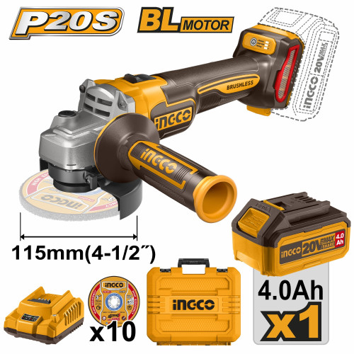 Аккумуляторная УШМ 20В, BL 115мм 1хАКБ 4Ач и ЗУ SUPER INGCO CAGLI211541 INDUSTRIAL