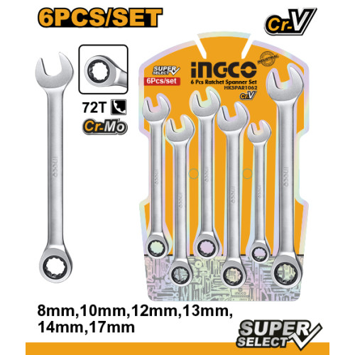 Набор комб. ключей с трещоткой 8-17 мм. 6 пред. INGCO HKSPAR1062 INDUSTRIAL