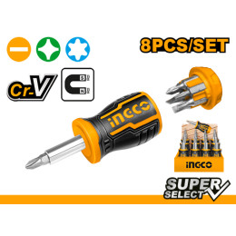 Отверткa короткая с битами 8 в 1 INGCO AKISDS0708