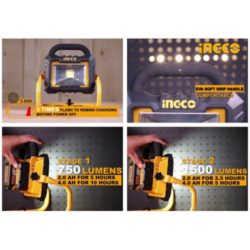 Аккумуляторный фонарь-прожектор 20В Li-Ion INGCO CWLI2002