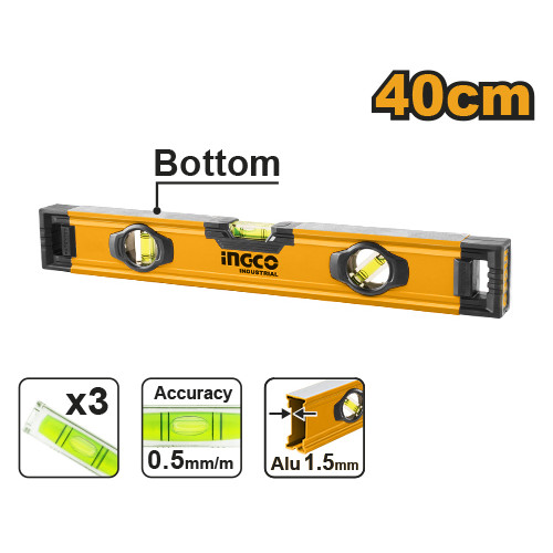Алюминиевый фрезерованный уровень 400 мм INGCO HSL08040 INDUSTRIAL